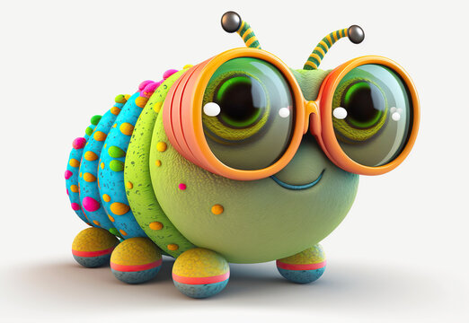 Cartoon colorful caterpillar with sunglasses on white background. Created with generative AI