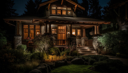 Obraz premium A rustic bungalow with illuminated porch, surrounded by nature beauty generated by AI