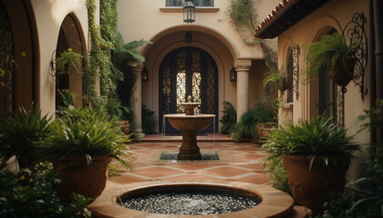 Luxury patio design with arch, stone material, and greenery decoration generated by AI