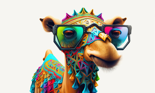 Cartoon colorful camel with sunglasses on white background. Created with generative AI