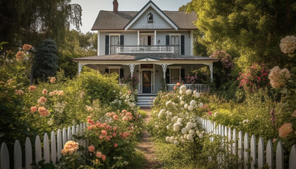 The rustic cottage front yard blooms with yellow springtime flowers generated by AI