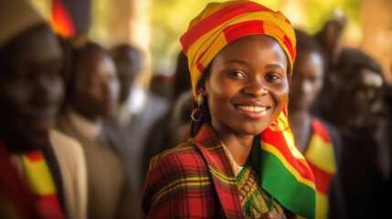 Elections in Zimbabwe. Portrait smiling and attractive young african girl in a bright scarf on his head stands at a polling station. People in the background. The concept of elections in Africa - obrazy, fototapety, plakaty