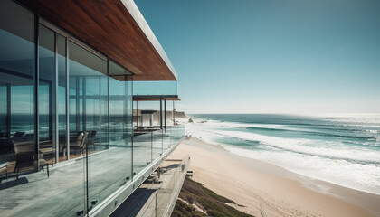 The modern architecture design frames the tranquil seascape beauty generated by AI