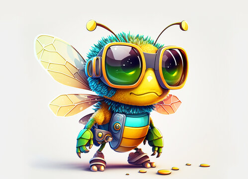 Cartoon colorful bee with sunglasses on white background. Created with generative AI