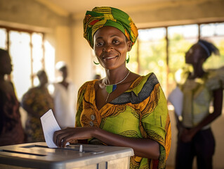 Elections in Zimbabwe. African woman stands near the ballot box. People in the background. The concept of elections in Africa. Generative AI - obrazy, fototapety, plakaty