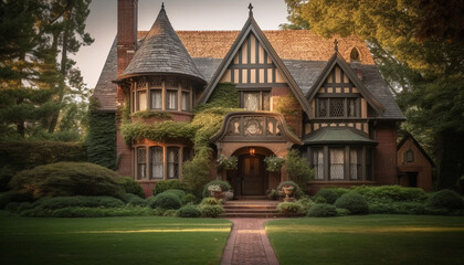 Fototapeta premium Old cottage with half timbered design, surrounded by lush nature generated by AI