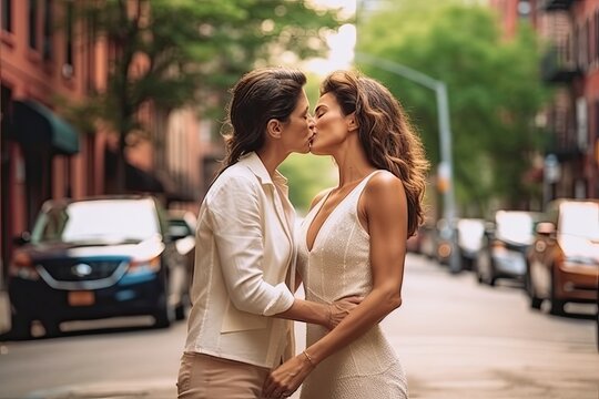 Beautiful loving lesbian couple kissing in the middle of the street.
