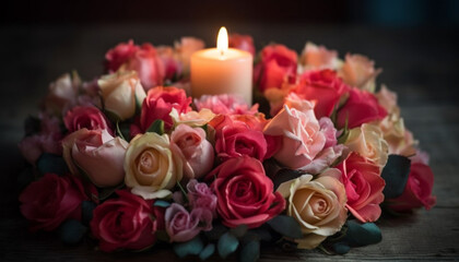 A romantic bouquet of pink and yellow flowers on table generated by AI