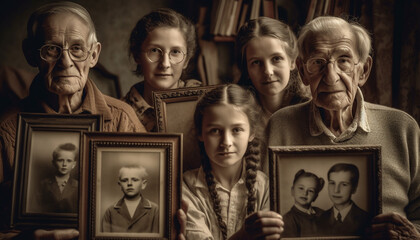 Multi generation family smiles for sepia toned portrait, surrounded by books generated by AI