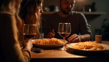 Two couples bond over food, wine, and friendship indoors generated by AI
