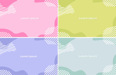 Set of pastel abstract pink, purple, green and blue geometric wavy backgrounds. Liquid form composition. Vector illustration. Composition of dynamic figures. Minimal concept with stripes and spots.