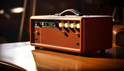 Vintage stereo equipment on wooden table exudes nostalgic elegance generated by AI