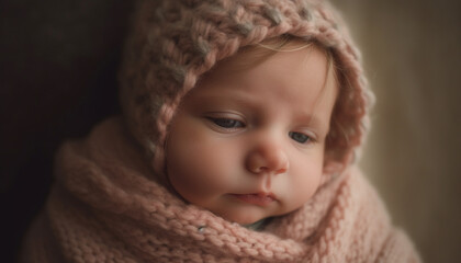 Cute newborn boy in warm knit hat smiles for camera generated by AI