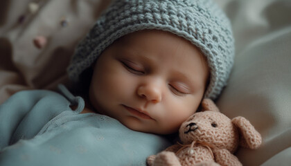 A sleeping newborn boy wrapped in a soft blanket, peaceful generated by AI - obrazy, fototapety, plakaty