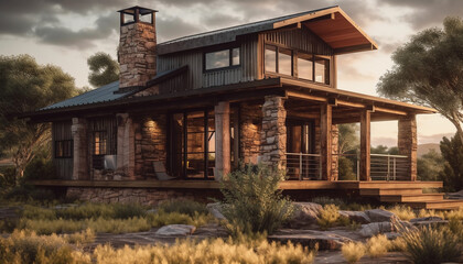 An old rustic cottage, built with weathered wood and materials generated by AI
