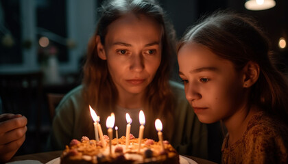 Two cute girls smiling, celebrating birthday with candlelit cake indoors generated by AI