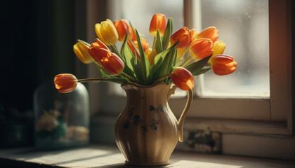 Fresh tulip bouquet brings elegance to home interior design generated by AI