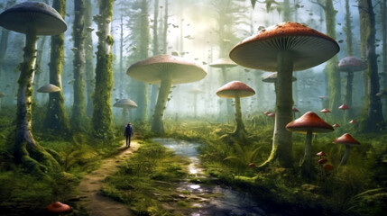 Mushroom forest. Huge mushrooms growing in the forest, mysterious magical atmosphere; forest path between mushrooms. Ai illustration, fantasy digital painting, Generative AI