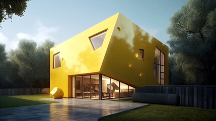 Modern cheese-shaped house. Architectural concept, unreal, fantasy. Ai illustration, fantasy digital painting, Generative AI