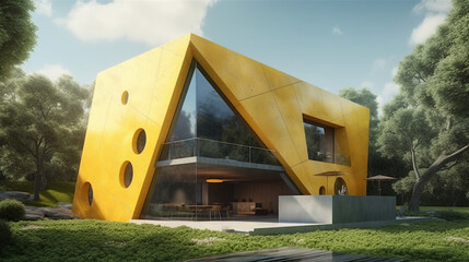 Modern cheese-shaped house. Architectural concept, unreal, fantasy. Ai illustration, fantasy digital painting, Generative AI