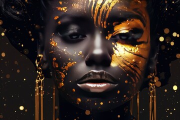 Beautiful portrait of dark skinned woman with golden make up AI