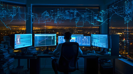 Programador trabalhando a noite rodeado por computadores - obrazy, fototapety, plakaty