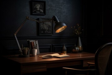 Dark background with lamp illuminating desk. Generative AI