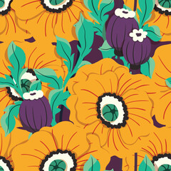 Seamless floral pattern, decorative ditsy print with large yellow flowers. Colorful botanical design for fabric, paper, any surface with hand drawn poppy flowers, leaves. Vector illustration.
