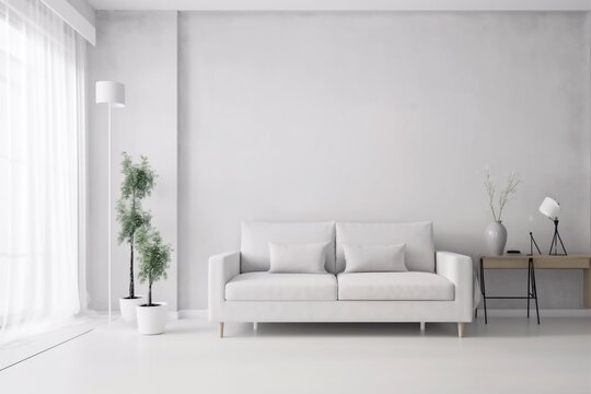 interior background lifestyle living couch grey home loft carpet luxury pillow apartment cushion. Generative AI.