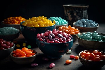 Assorted vibrant beans in a sugar coating. Generative AI