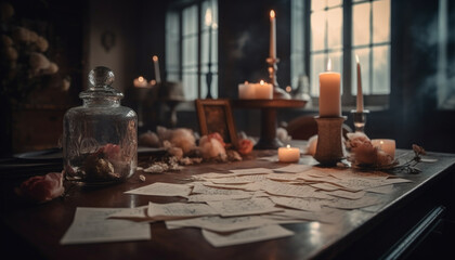 Rustic homemade cookies in a wooden bowl, lit by candle generated by AI