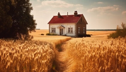 Rustic farmhouse in wheat meadow, harvesting under autumn sunset sky generated by AI