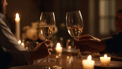 Romantic candlelit celebration, two people holding champagne flutes in elegance generated by AI