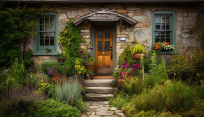 Fototapeta na wymiar Old cottage with flower pot steps, rustic charm and history generated by AI