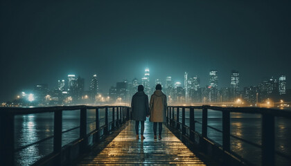 A couple walks at dusk, enjoying city life and togetherness generated by AI