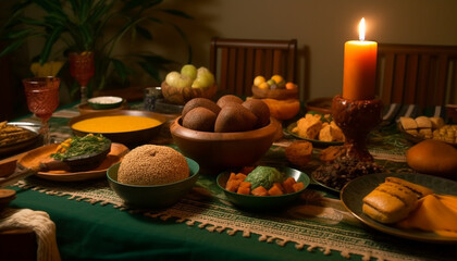 A festive table with pumpkin decoration, gourmet meal, and candle generated by AI