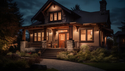 A spooky lantern illuminates an abandoned old fashioned cottage at dusk generated by AI