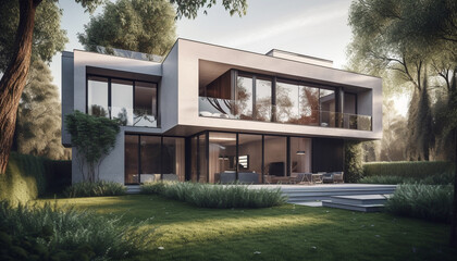 A modern luxury home with elegant design and formal garden generated by AI