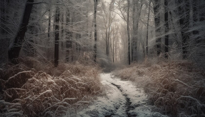 A spooky winter forest, mystery in the snowy landscape generated by AI