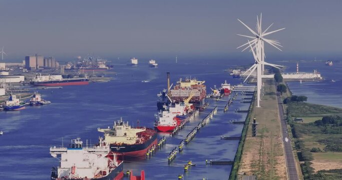 Drone panning over Europort deep sea port near Rotterdam