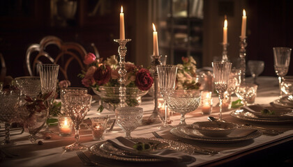 Fototapeta na wymiar An elegant banquet table adorned with luxurious decorations and candlelight generated by AI