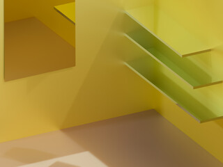 Glass shelves in a room with yellow walls and a mirror. 3D visualization. Room interior.