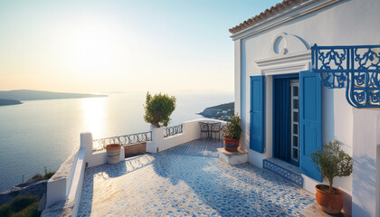 From the balcony, enjoy Santorini luxury, beauty, and relaxation generated by AI