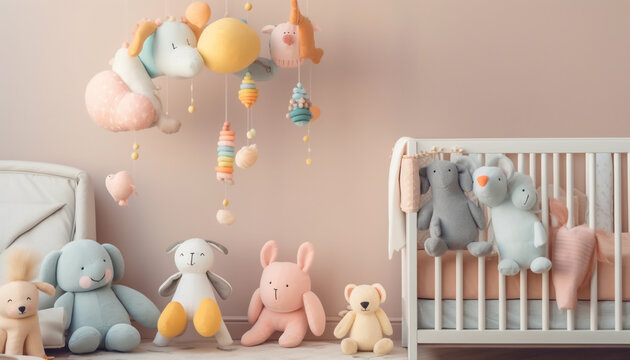 Cute baby plays with stuffed toy in colorful nursery decor generated by AI