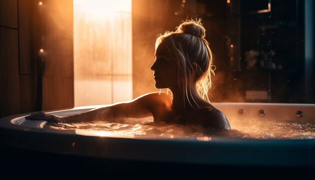 One woman enjoys a luxurious spa treatment in a hot tub generated by AI