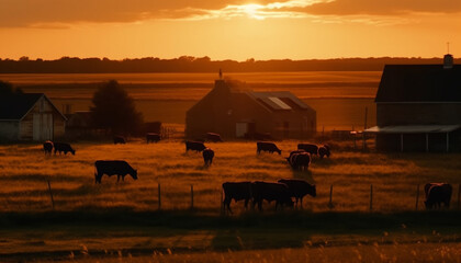 Fototapeta na wymiar Cattle graze in meadow at dusk, backlit by sunset generated by AI