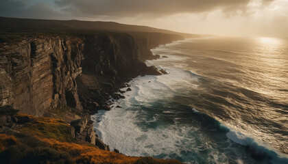 Fototapeta premium Majestic cliff, eroded by waves, creates awe inspiring seascape beauty generated by AI