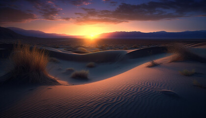 Tranquil scene Majestic sand dunes ripple under Africa sunset sky generated by AI