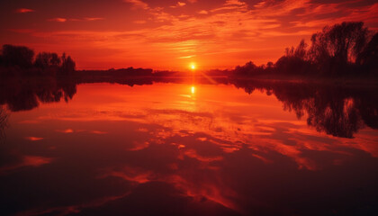 The vibrant sunset over the tranquil pond was heaven on earth generated by AI