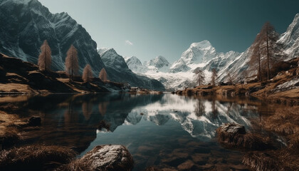 Majestic mountain peak reflects tranquil beauty in nature panoramic landscape generated by AI